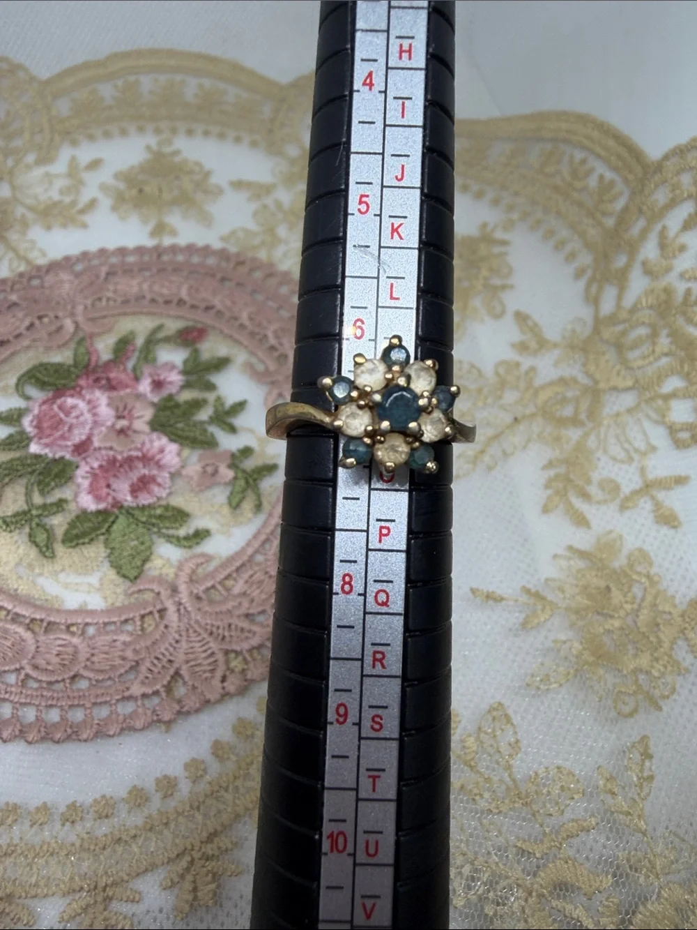 Vintage ESPO 14K GE Floral Cluster Ring | Blue & White Stone Ring Estate Jewelry